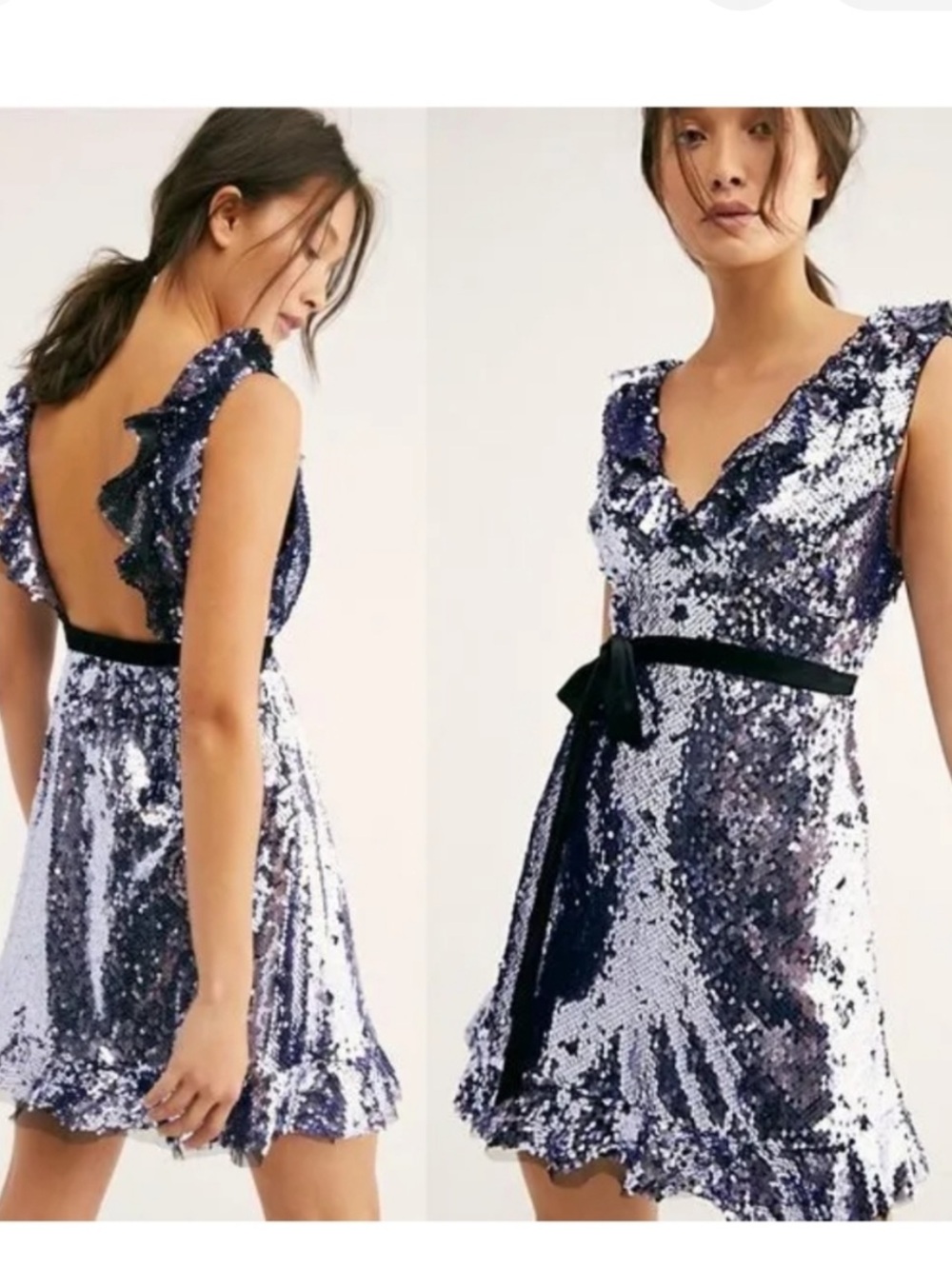 Free People Backless Sequin Mini Dress in Silver and Navy